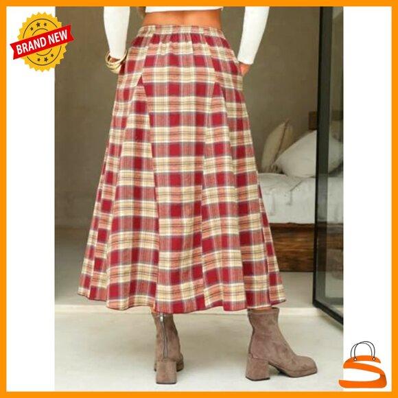 Flannel Plaid Maxi Skirt High Waist A-Line Pleated with Pockets Women's - Picture 3 of 7